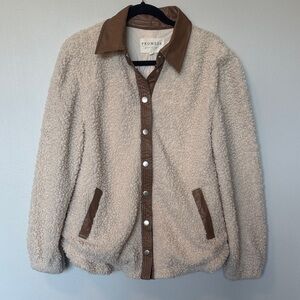 Promesa Cream Sherpa Jacket with Brown Faux Leather Trim
